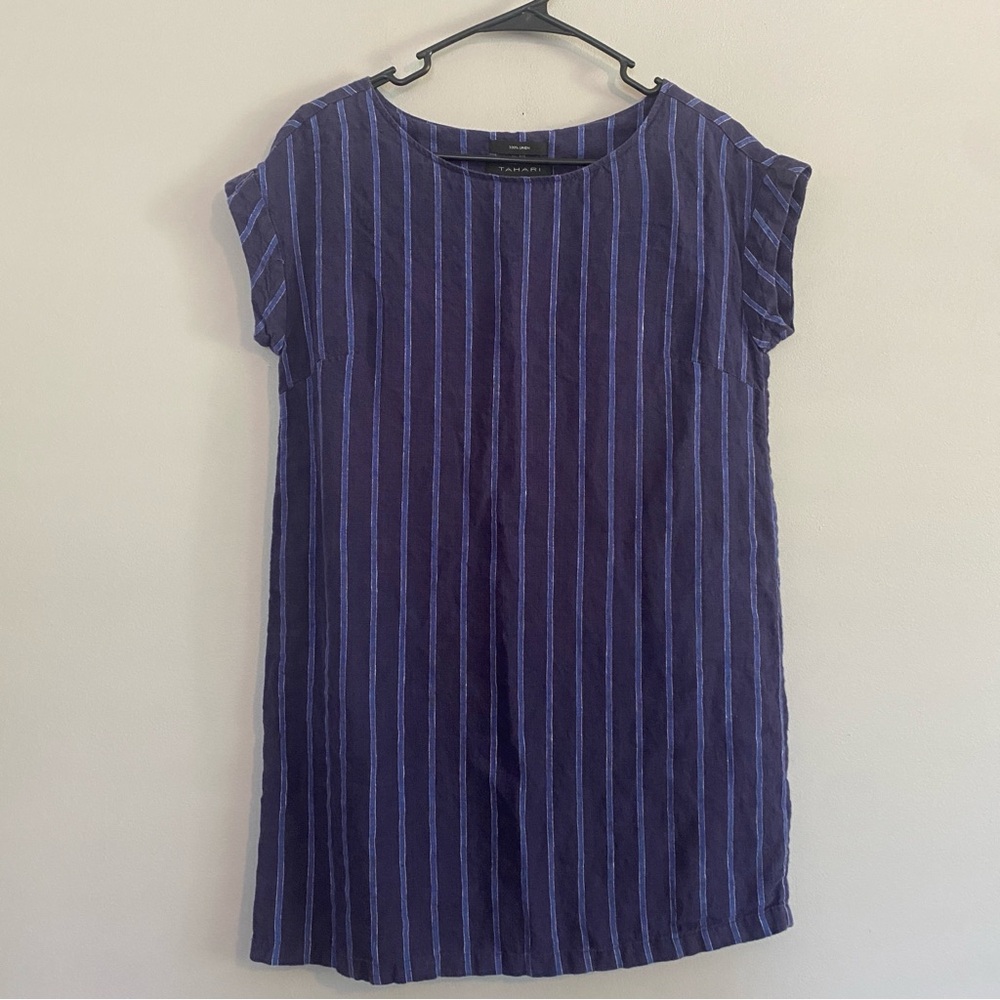 Tahari 100% Linen Dark Indigo Striped Pull Over Mini Shift Dress - XS